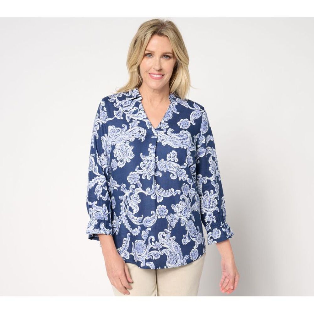 Top Knot Women's Sz M Linen Rayon True Popover Blouse Blue A648161